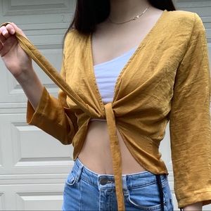 Mustard Hammered Satin Tie Front Frill Crop Top